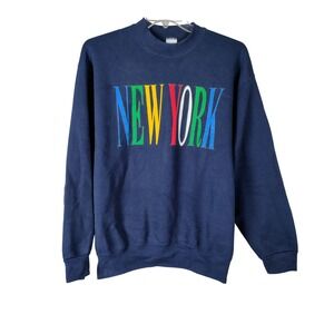 Vintage New York Graphic Crewneck Sweatshirt Navy Blue Made in USA Mens Large